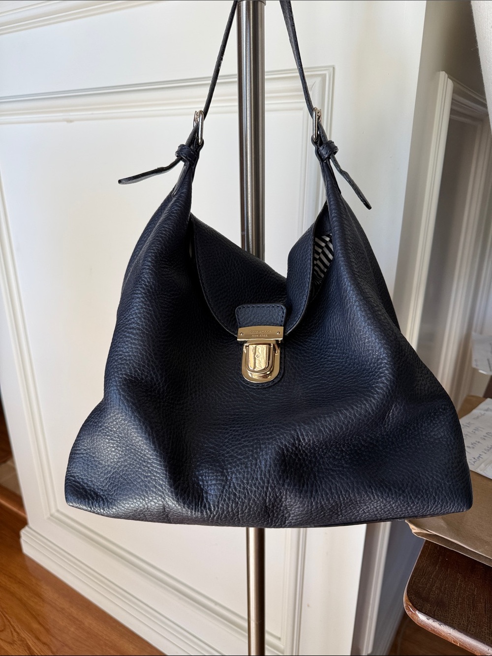 Kate Spade Classic Dark/Navy Blue Pebbled Shoulder Bag with Gold Hardware